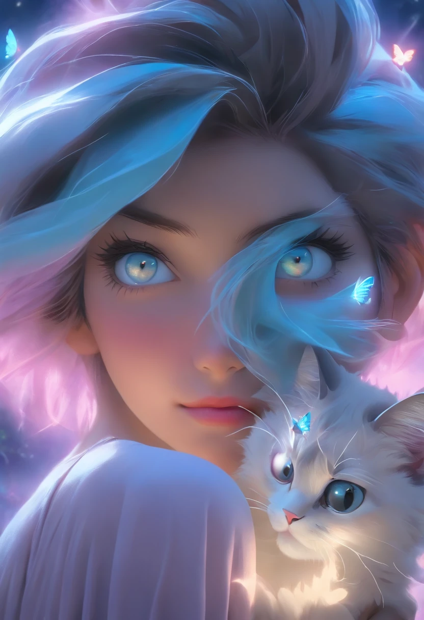 detail, Realism, 4K, Beautuful Women, facial detailing, Big blue eyes, Plump lips, Upturned nose, Purple hair and gray hair, Wearing a light blue dress, Cat in his hands, Blue moonlight background, White butterfly in the foreground, Realistic shooting, depth of fields, Soft front light, Glow, nffsw (PastelColors: 1.2), Canon RF 100mm f2.8L 宏 IS USM