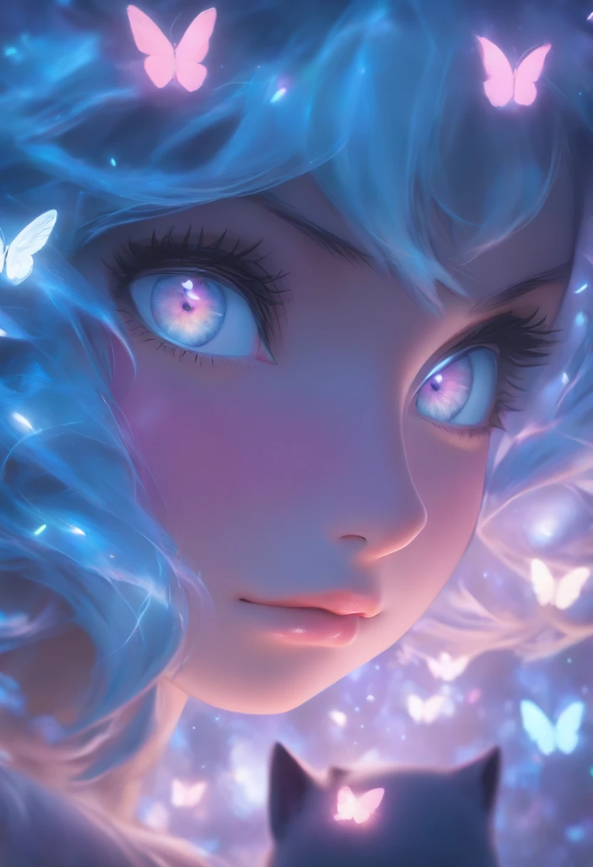 detail, Realism, 4K, Beautuful Women, facial detailing, Big blue eyes, Plump lips, Upturned nose, Purple hair and gray hair, Wearing a light blue dress, Cat in his hands, Blue moonlight background, White butterfly in the foreground, Realistic shooting, depth of fields, Soft front light, Glow, nffsw (PastelColors: 1.2), Canon RF 100mm f2.8L 宏 IS USM
