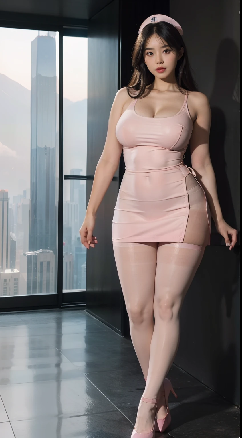(full bodyesbian:1.5),full body shot shot,(1. extremely hyper, Busty sexy girl:1.3,Huge in size,Extra-large big breasts,broad shoulder,a narrow waist,Extra-wide fat buttocks,Extra long thick legs),(view the viewer:1.4),(anatomy correct:1.4),(standing atop a mountain peak:1.2),(Wear a nurse's uniform:1.2),(Opaque pink pantyhose:1.3),( Girls pointed-toe thick heels :1.1),(Accurate and perfect face:1.3),(Extra long thick legs:1.2),hyper HD, Ray traching, reflective light, structurally correct, Award-Awarded, High detail, Fade in and out shadow contrast, Face lighting ,Cinematic lighting, Masterpiece, super detailing, High quality, High detail, Best quality, 16k,High contrast,full body shot shot。