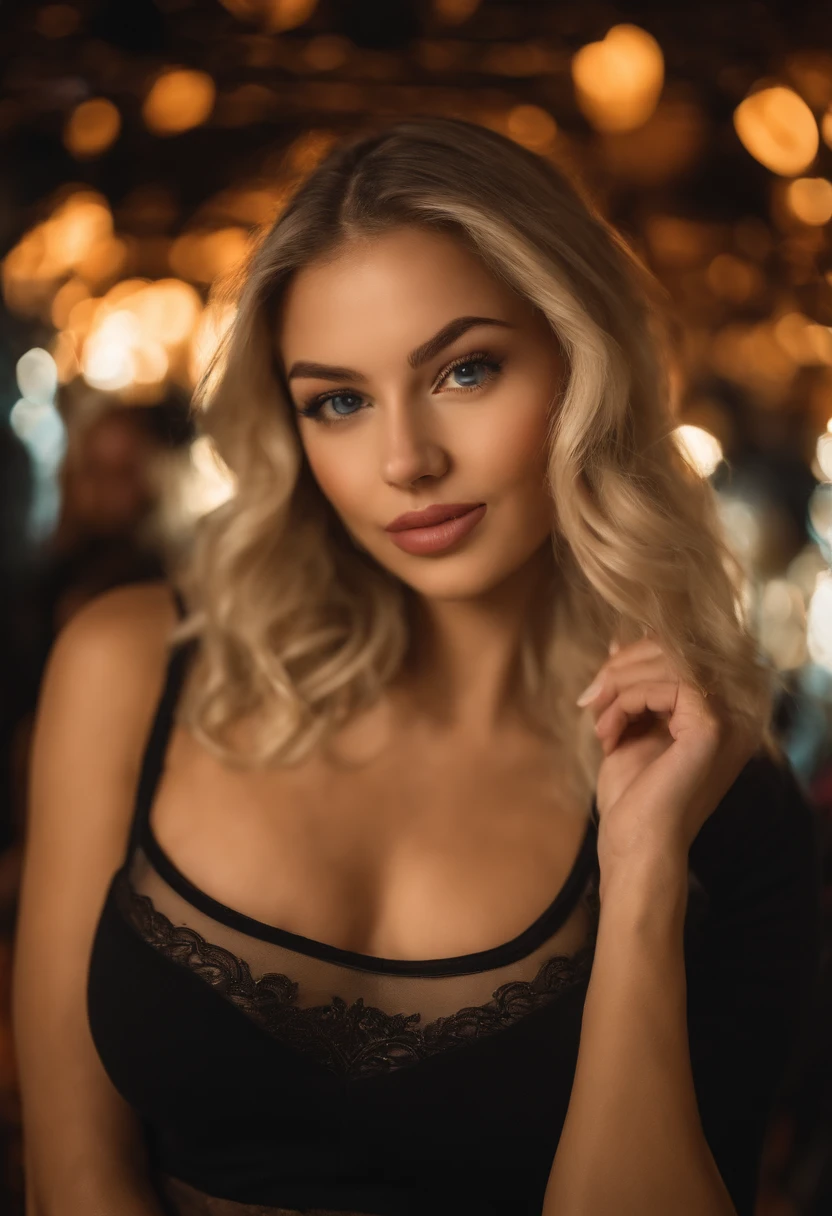 blonde woman with matching tank top and skirt posing at a night club, fille sexy aux yeux bleus, Portrait Sophie Mudd, blur background, best quality, 1girl, Portrait de Corinna Kopf, cheveux blonds et grands yeux, selfie of a young woman, ohne Maquillage, maquillage naturel, Look directly into the camera, Visage avec Artgram, dezentes Maquillage, Superbe photo du corps entier, dans la chambre, Gros seins, Blonde, latina