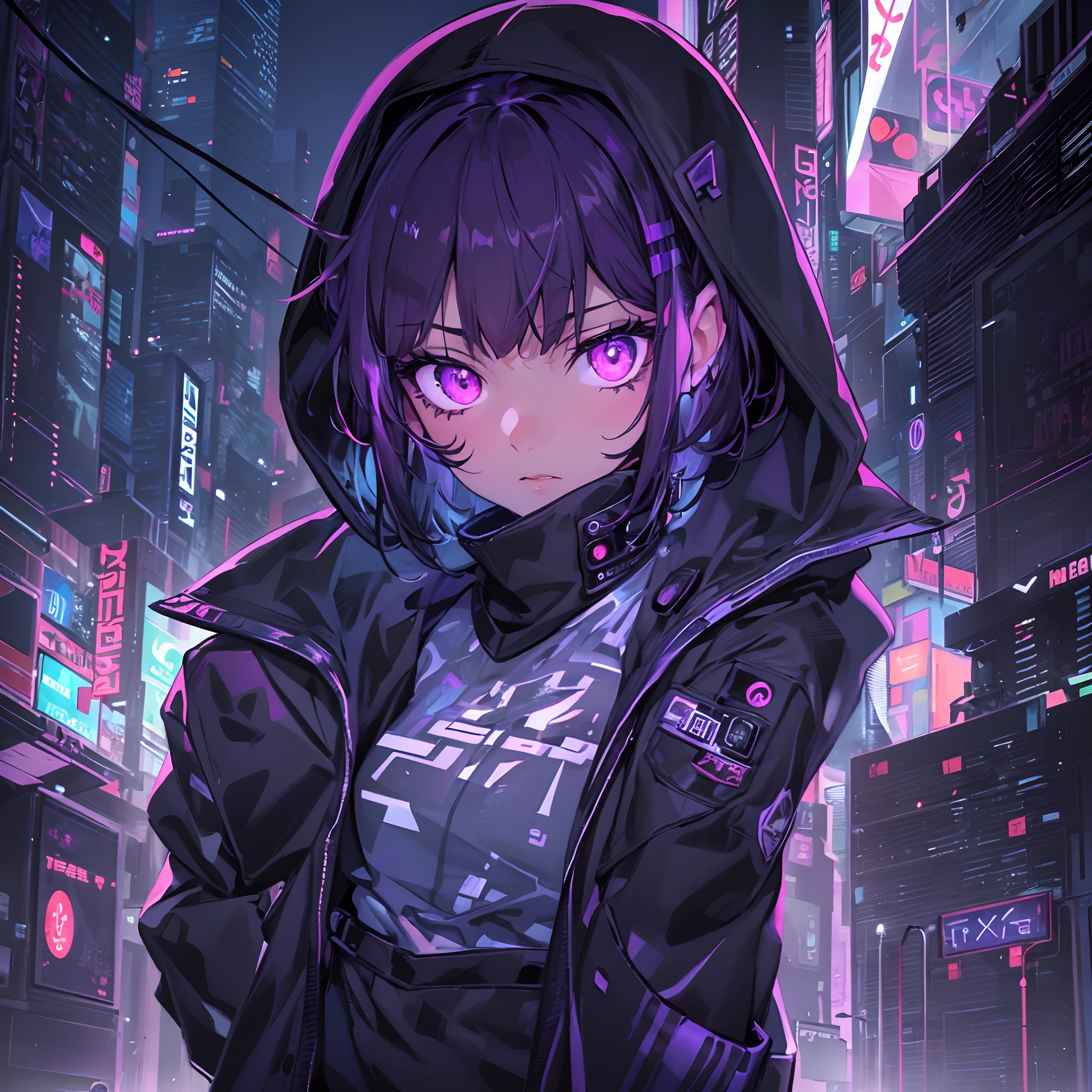 1girl looking at the viewer, potrait, poker face ,cold face ,perfect face and eyes, purple eyes, wearing a black jacket with purple neon lines, short hair, black hair mixed with purple lines, glowing eyes, neon city in the background, small particles, cyberpunk, anime art, highly detailed, masterpiece