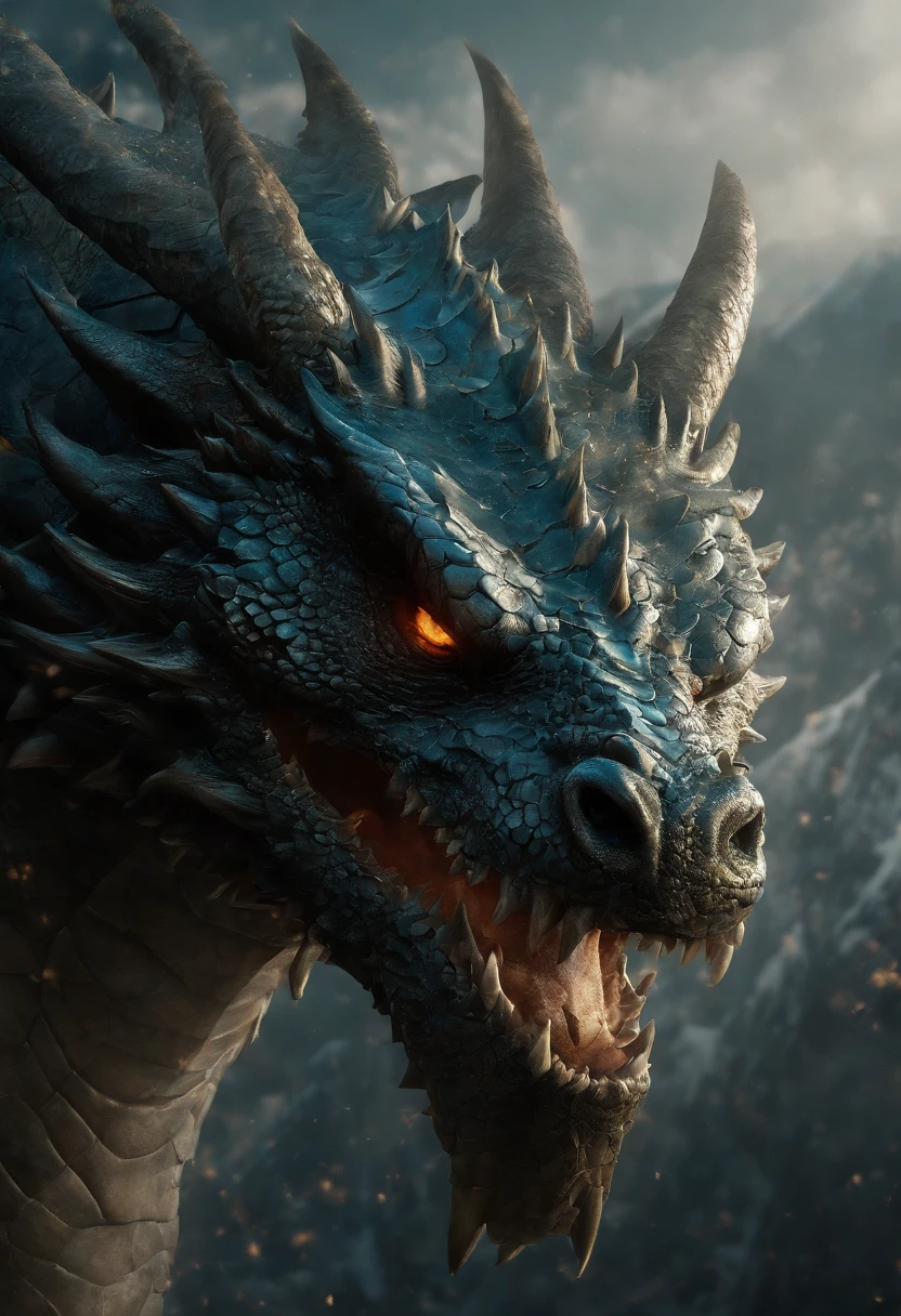 snow mountain, dragon,The numbers "2024" above the dragon, Like in a calendar, in large capital font. The numbers are shrouded in a cloud of smoke. higly detailed, smoothness, sharpness,in the style of Carn Griffiths and Vadim Kashin, ダークファンタジー, Highly realistic photo,super detaill, ,16k. The dragon has green ,mother-of-pearl color,  The smile is friendly ,Explicit, ultra-blue eyes, Long eyelashes are clearly detailed, a lush mane, long hair on the mane, Developing, in the center, is looking at the camera, It's coming, dynamics, moon light , Rare stars flicker ,is beautiful.