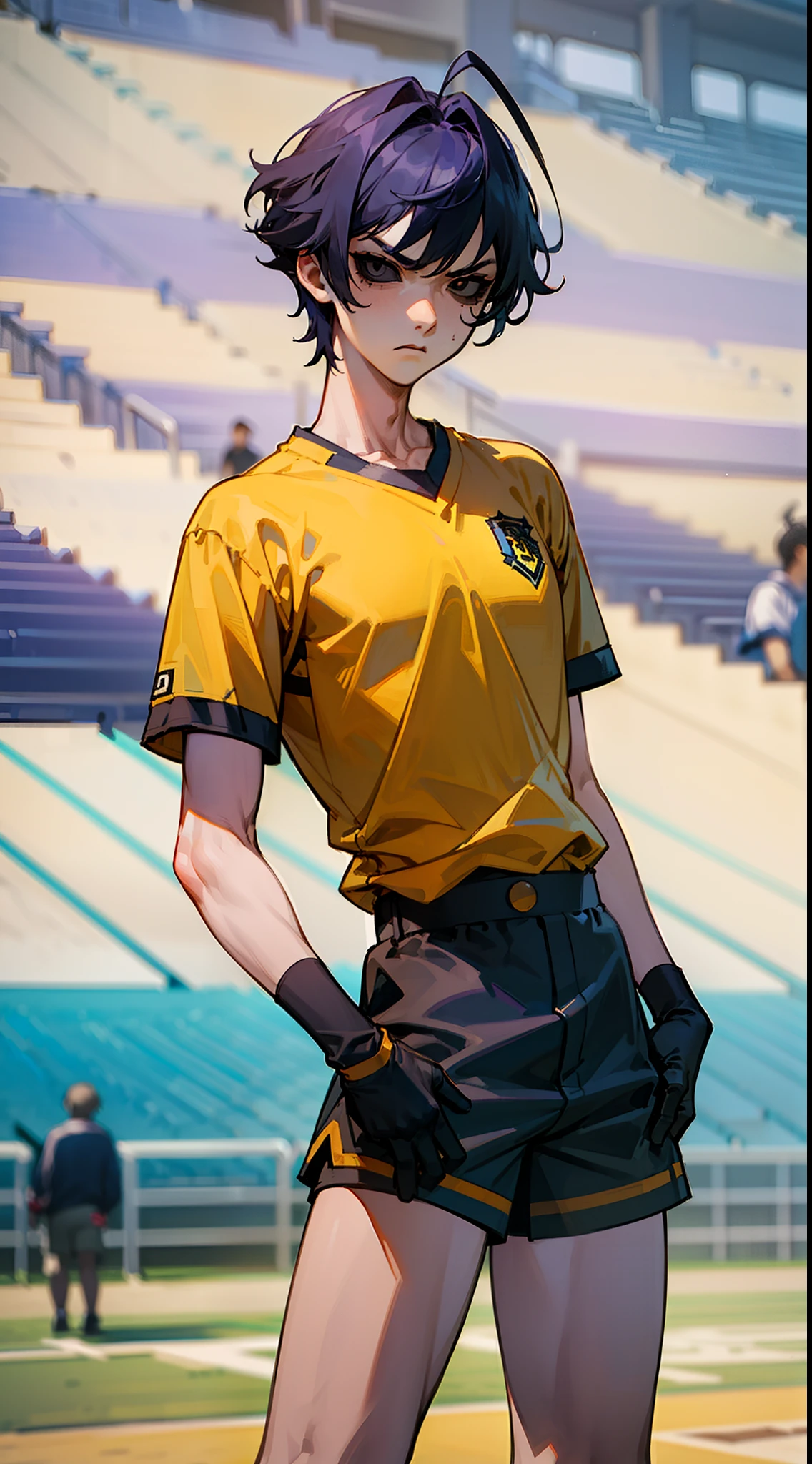 (Masterpiece, Best Quality),1boy,male character,male face,male body,tall,cowboy shot,(black eyes),black sclera,purple hair,short hair,(hair antennas),yellow shirt,black shorts,((standing in a school stadium)),serious face,black gloves