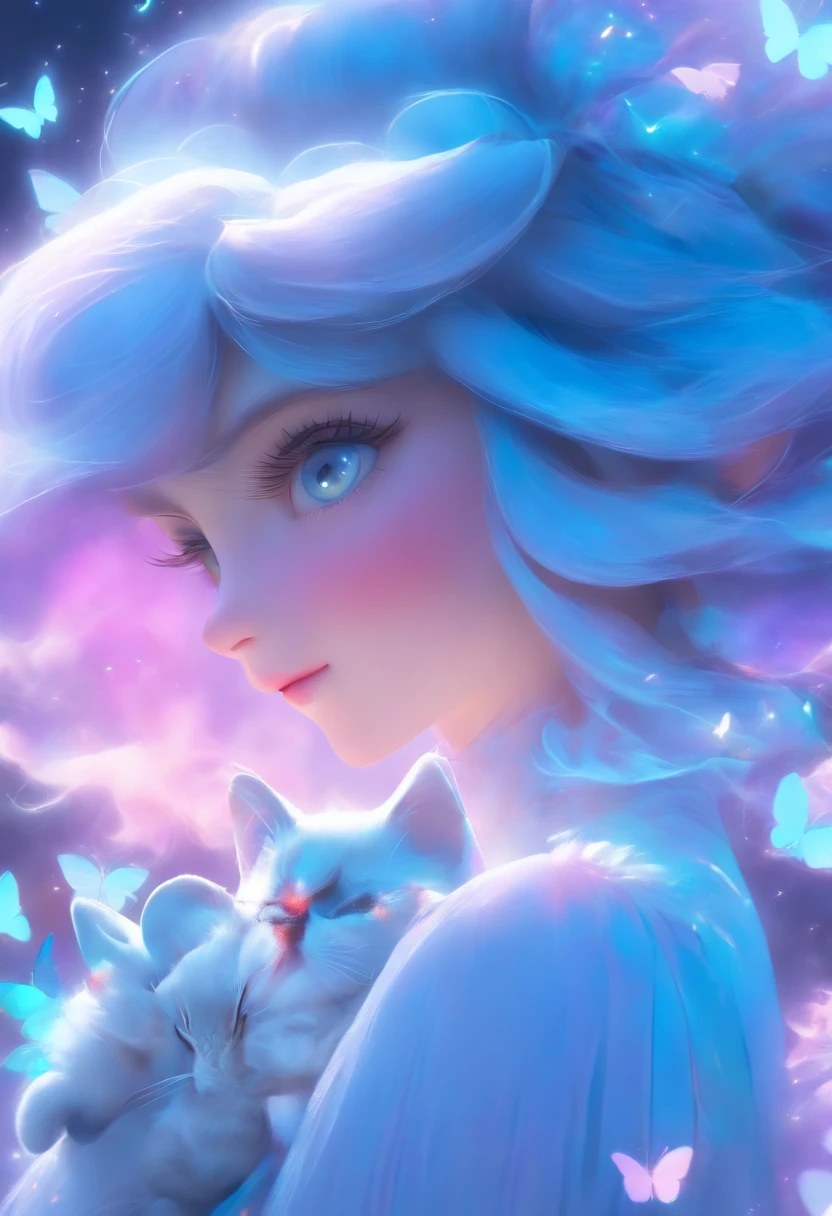 detail, Realism, 4K, Beautuful Women, facial detailing, Big blue eyes, Plump lips, Upturned nose, Purple hair and gray hair, Wearing a light blue dress, Cat in his hands, Blue moonlight background, White butterfly in the foreground, Realistic shooting, depth of fields, Soft front light, Glow, nffsw ,(zoomout:1.8),(PastelColors: 1.2), Canon RF 100mm f2.8L 宏 IS USM