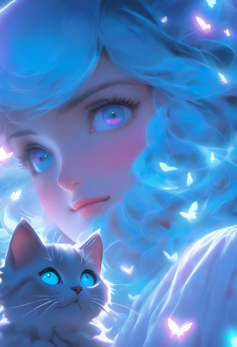 detail, Realism, 4K, Beautuful Women, facial detailing, Big blue eyes, Plump lips, Upturned nose, Purple hair and gray hair, Wearing a light blue dress, Cat in his hands, Blue moonlight background, White butterfly in the foreground, Realistic shooting, depth of fields, Soft front light, Glow, nffsw ，（zoomout：1.8），(PastelColors: 1.2), Canon RF 100mm f2.8L 宏 IS USM