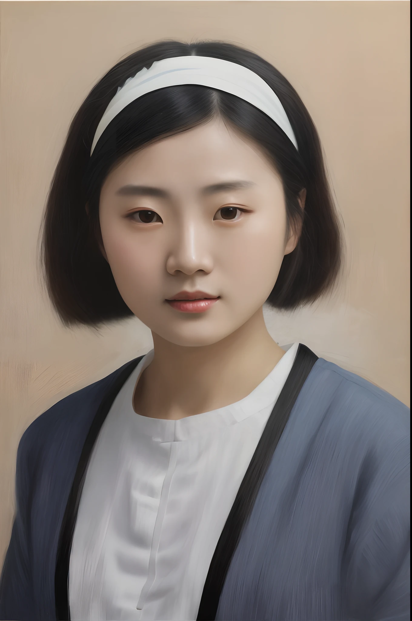 painting of a woman with a headband and a white shirt, inspired by Yun Du-seo, inspired by Yao Tingmei, inspired by Li Fangying, portrait of a japanese girl, inspired by Ma Yuanyu, inspired by Sim Sa-jeong, inspired by Xiao Yuncong, inspired by Zhang Sengyao, inspired by Tang Yifen, inspired by Yuan Jiang