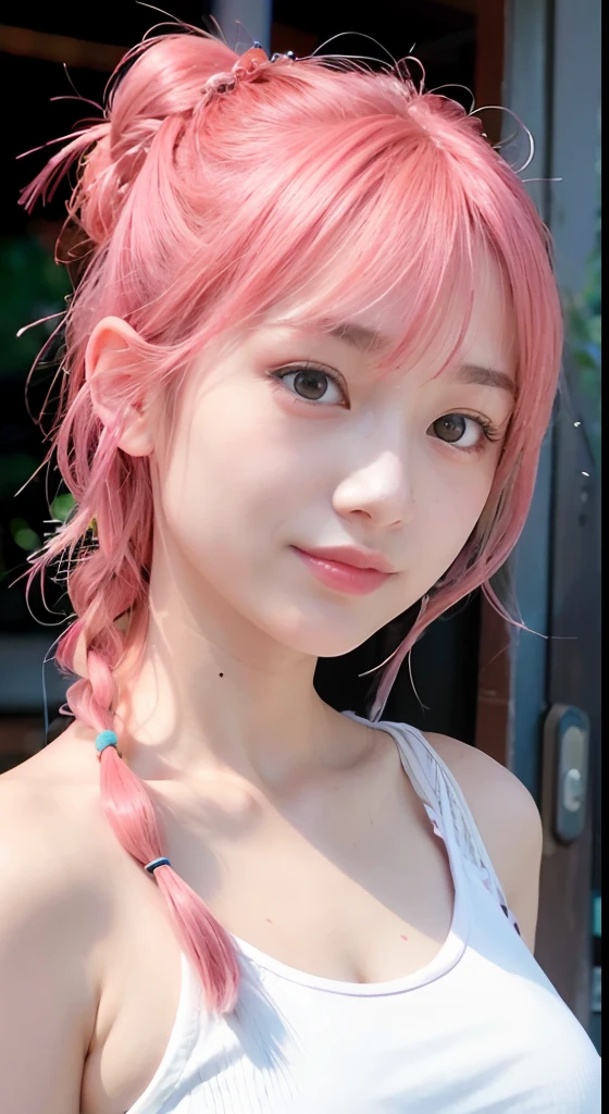 (8K、top-quality、masterpiece:1.2)、(reallistic、Photorealsitic:1.37)、The ultra-detailliert、1人、18year old、Medium chest、Beautie、Beautiful and perfect face、Natural smile、独奏、holiday、Bustling street、shopping、Fashionable clothes、Redness of the nose)、(A smile:1.5)、(With mouth closed) 、beautidful eyes、(long:1.2)、Floating hair 、Middle hair、Pink Hair Medium Hair, (Pink hair), Ear Hair, small tits, Single braid, (Single braid), (Side braid),Checked shirt