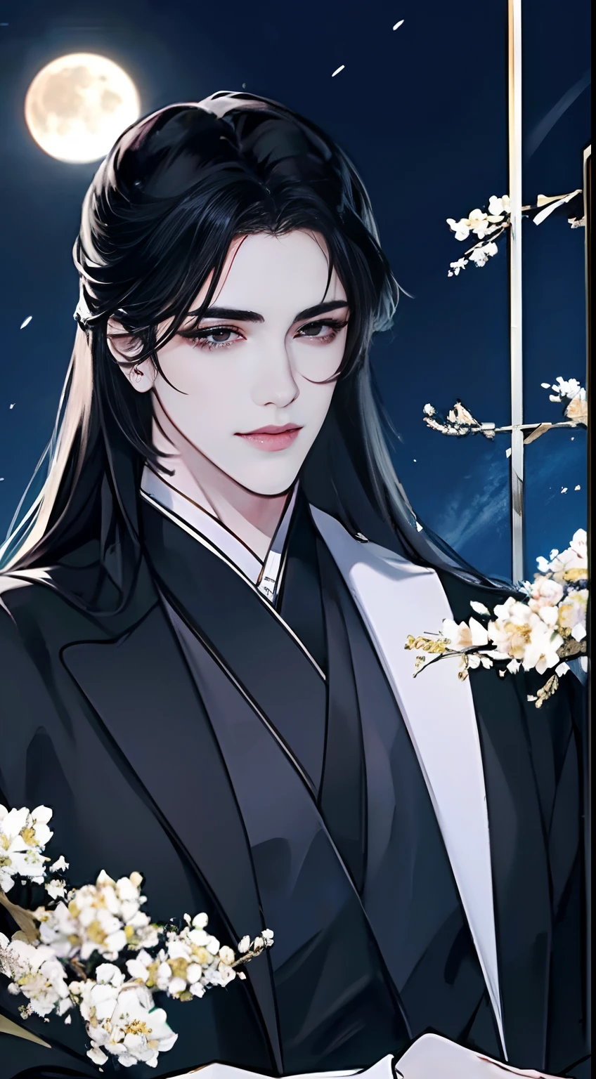 Masterpiece, (Best quality:1.2), (Sharp focus:1.2),, anime big breast，A handsome one（Young men：1:2），black long straight hair，（Black eyes），Chinese big breasts（Antique black clothing），（Silent：1.2）It's cold，Deep eyes，Slender figure，（Night under the moon：1.2），（jasmine flowers:1.8），（Without smiling：2.1），（Look down：1.2），（high and cold：1.5），（Majesty：1.5）