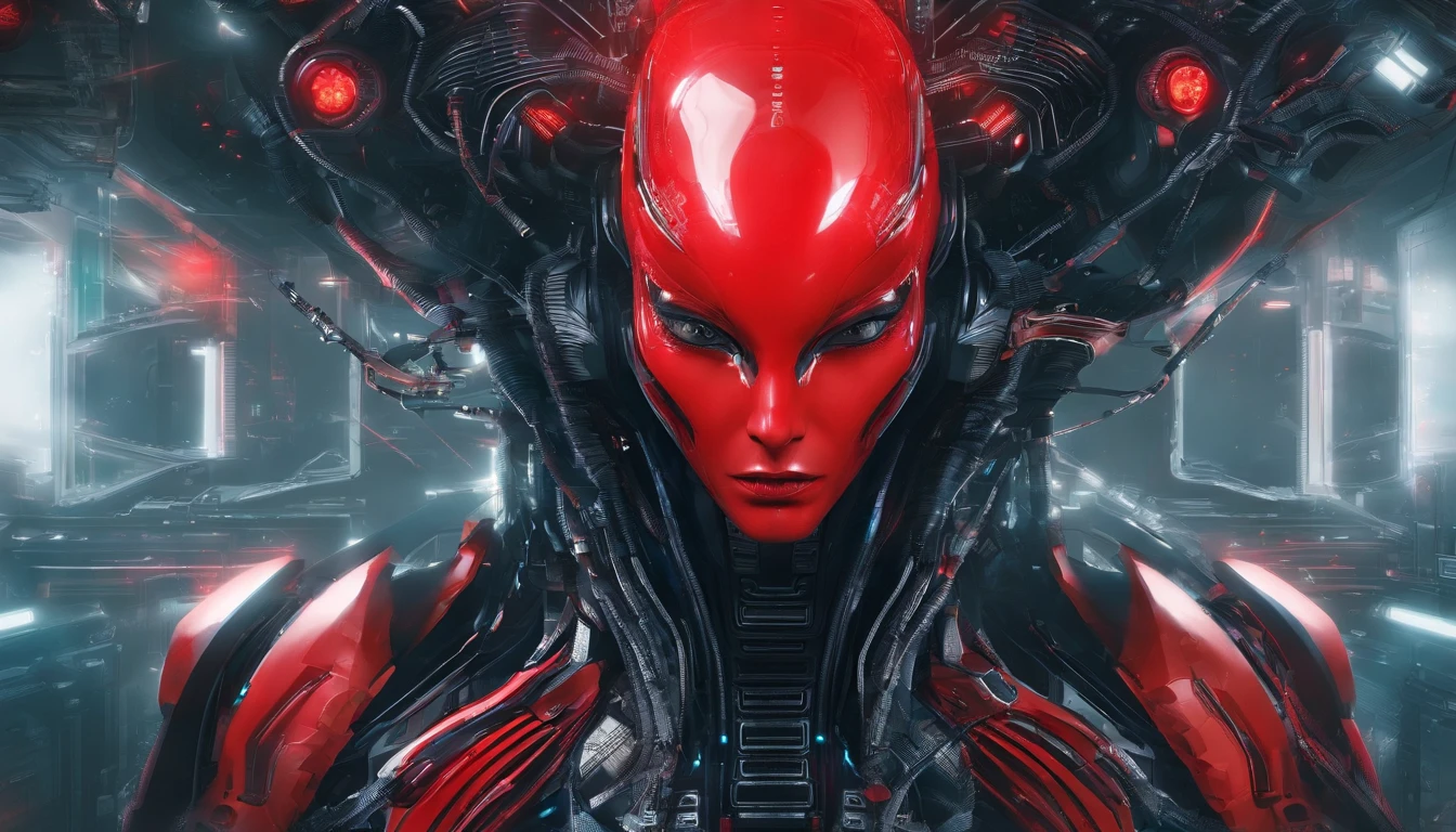 A female robot,Red lacquered metal armor,Raised sexy,Large raised breasts,Asian faces,up front view;
