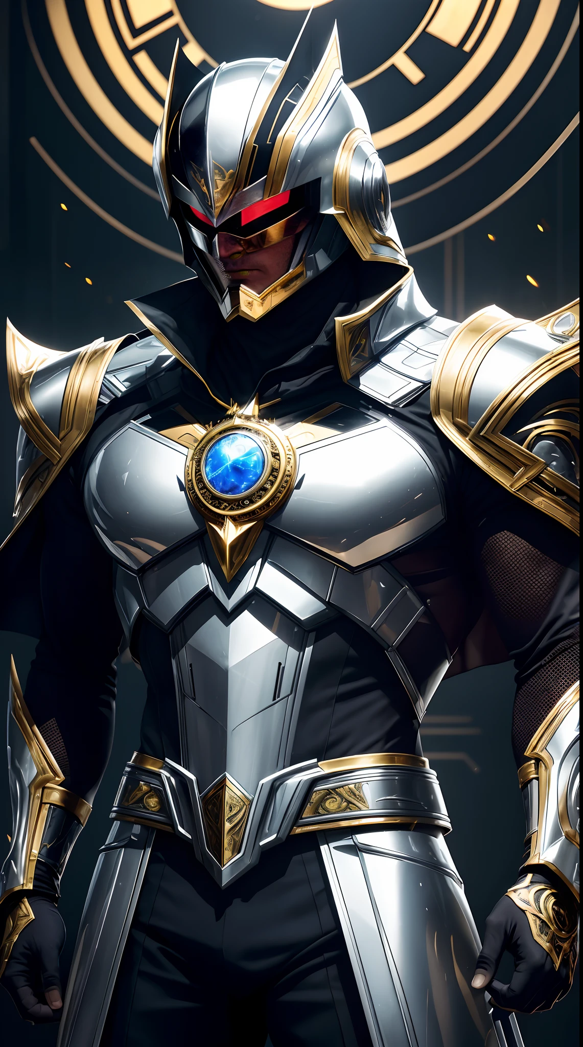 A Super Villain who wears chrome armor that shines with shades of silver and gold, adorned with intricate details that evoke a futuristic aesthetic. His helmet has a visor that hides his face, casting an aura of mystery. On his chest, a clock-shaped emblem represents his dominance over time. He wields a technological scepter that radiates temporal energy, adding an imminent threat to his presence. His erect, confident posture reflects his determination to achieve temporal supremacy.