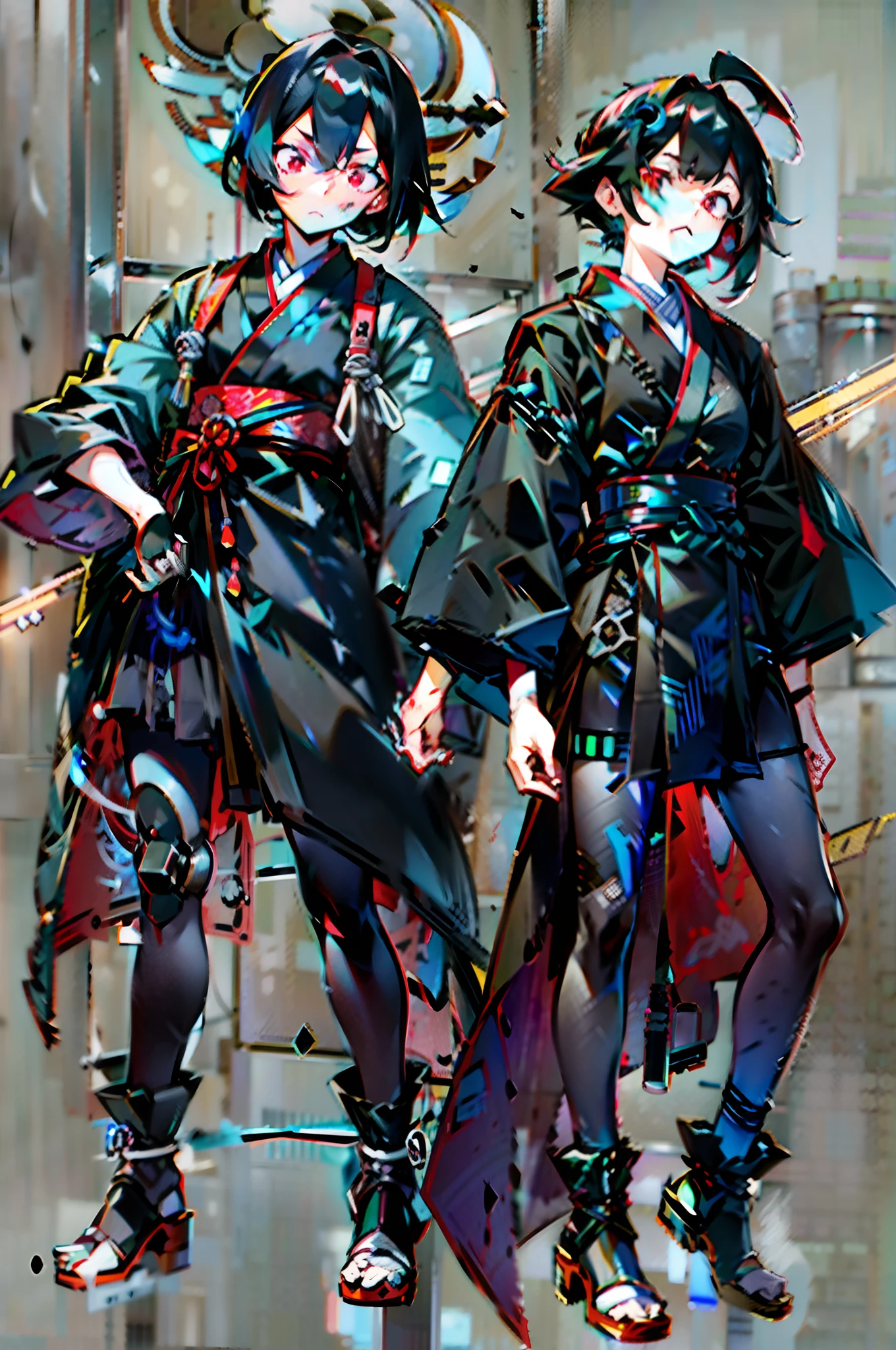 Hakama style、dark chamber：550、laboratory：500、Neon tube：30、background-image：20、Huge cylindrical glass case in the center、Formalin pickling、reddish：999 –AR 16:9