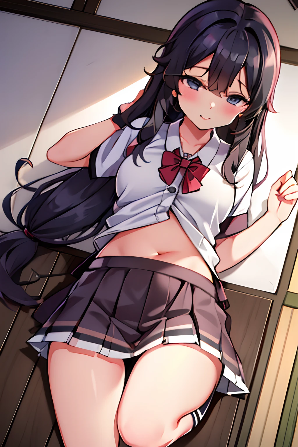 beautiful, masterpiece, Highest quality, Highly detailed face,  Perfect lighting, One girl, alone,  matoi ryuuko b, senketsu, Suspender skirt, squat,(blush:1.2), Embarrassing、 Cowboy Shot、Spread your legs wide、Plain white panties、Crotch wrinkles、Yellow stain on crotch、I can see my belly button