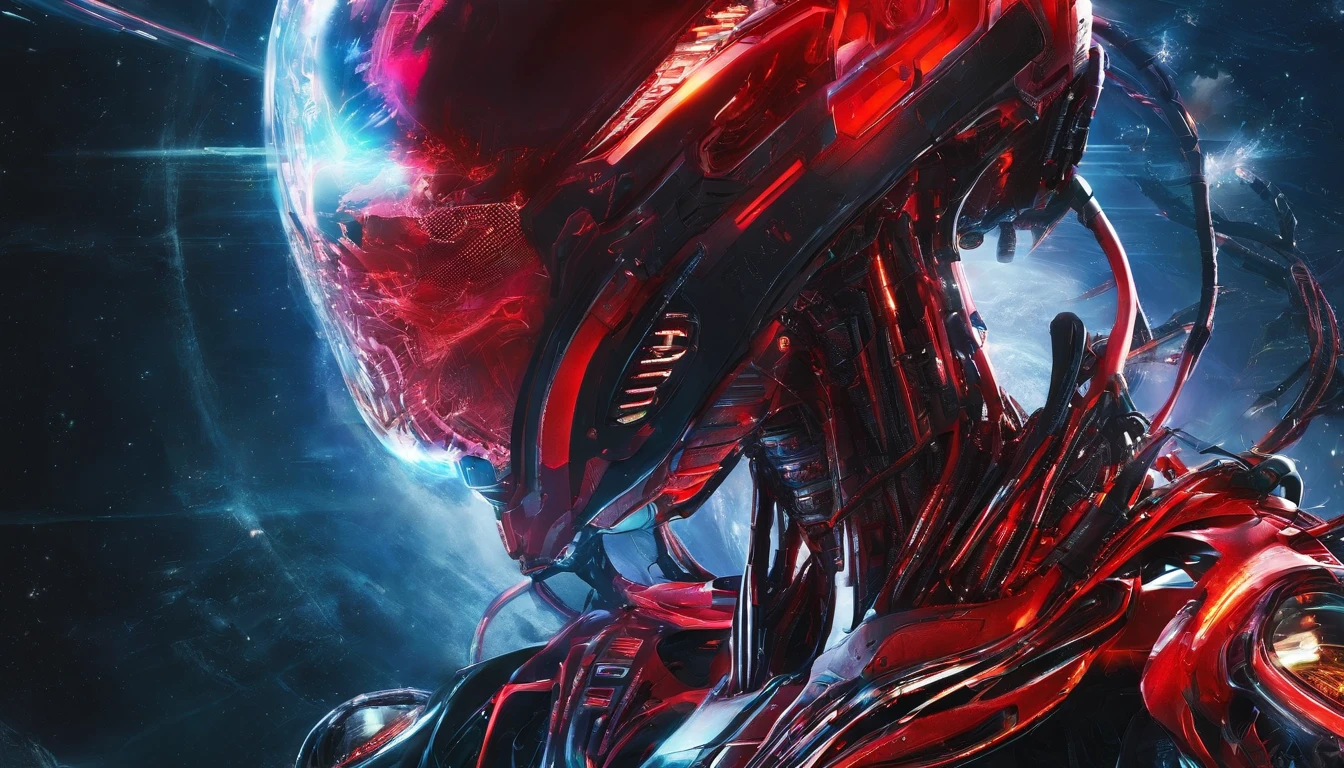 close up of an alien humanoid, ultra detailed face, portrait, red and black colors, red as dominant color, red neons, red lights, horror sci fi, ultra detailed, ultra realistic.
