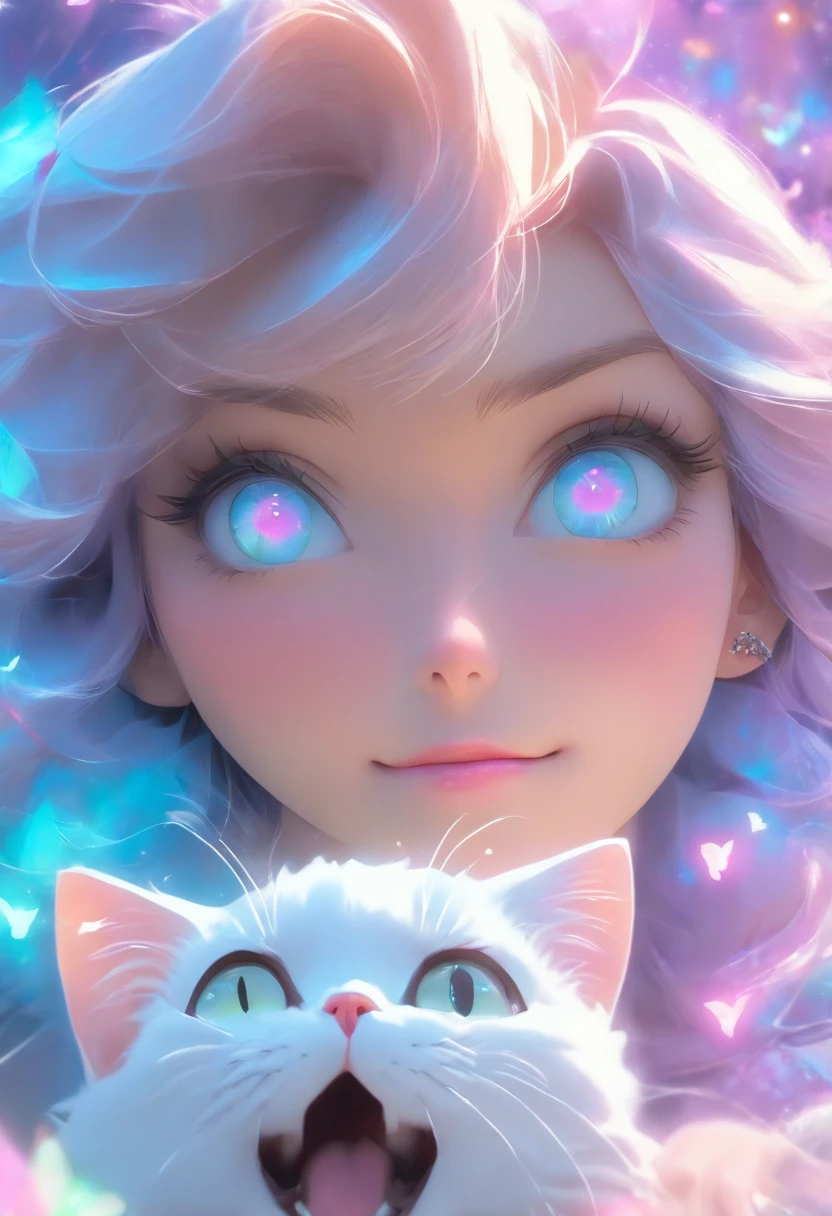 detail, Realism, 4K, Beautuful Women, facial detailing, Big blue eyes, Plump lips, Upturned nose, Purple hair and gray hair, Wearing a light blue dress, Cat in his hands, Blue moonlight background, White butterfly in the foreground, Realistic shooting, depth of fields, Soft front light, Glow, nffsw ,(zoomout:1.8),medium shot,(PastelColors: 1.2), Canon RF 100mm f2.8L 宏 IS USM