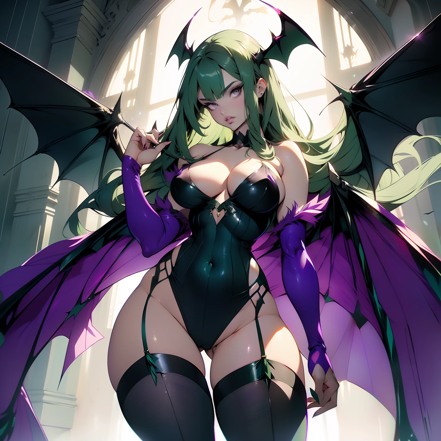 Hayley Atwell as Morrigan Aensland from Darkstalkers she has ((long green hair with fringe)), has bat wings, ((black short bodysuit)) ((purple tights)), dynamic pose, full body, girl, wide hips, stunning body, thick thighs, in the style of Bruce Timm, (masterpiece), best quality, expressive eyes, perfect face,  thigh gap, cameltoe, big breasts, hard , perky tits, nip-slip, visible , full body view