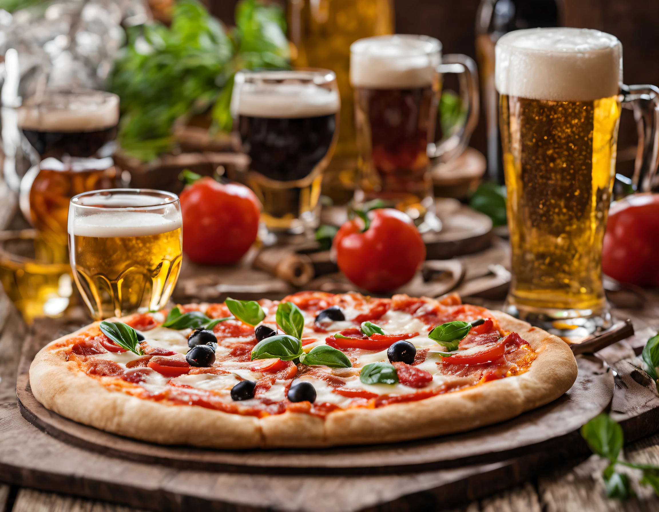 immagine per celebrare il pizza & birra day, con pizza e boccali di birra fredda