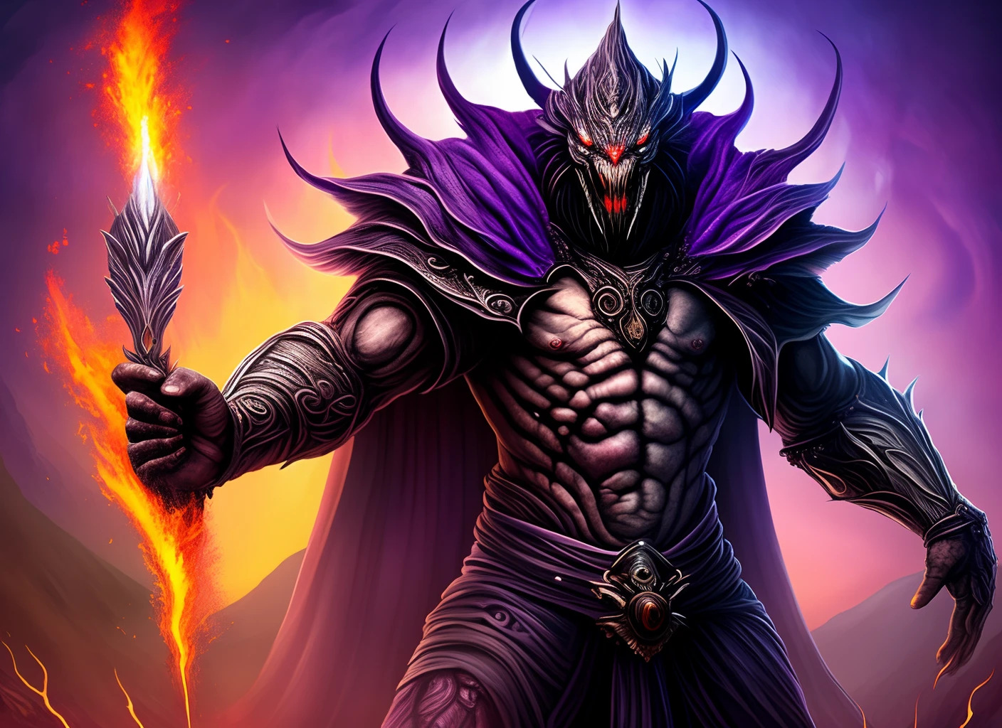 An all-purple humanoid monster, Each hand has its own type of weapon:swords ,Fire whips,Sabers , The monster is dressed in a black cloak, Two full-length legs, naked inflated torso, He has big evil eyes on his face, sharp teeth, through which blood flows,A smirk on his face, humanoid ,There is one purple horn on the right. The background is fiery,volcanic, HD, Rich, bright colours