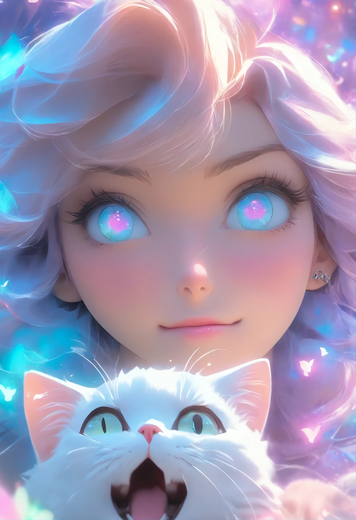 detail, Realism, 4K, Beautuful Women, facial detailing, Big blue eyes, Plump lips, Upturned nose, Purple hair and gray hair, Wearing a light blue dress, Cat in his hands, Blue moonlight background, White butterfly in the foreground, Realistic shooting, depth of fields, Soft front light, Glow, nffsw ，（zoomout：1.8），medium shot，(PastelColors: 1.2), Canon RF 100mm f2.8L 宏 IS USM