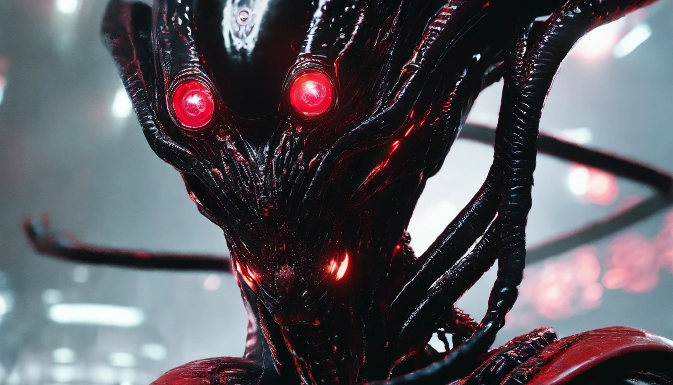 close up of an alien humanoid, ultra detailed face, red and black colors, red as dominant color, red neons, red lights, horror sci fi, ultra detailed, ultra realistic.