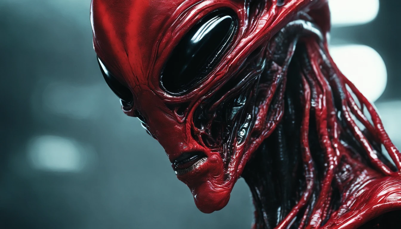 close up of an alien humanoid, ultra detailed face, red and black colors, red as dominant color, red neons, red lights, horror sci fi, ultra detailed, ultra realistic.