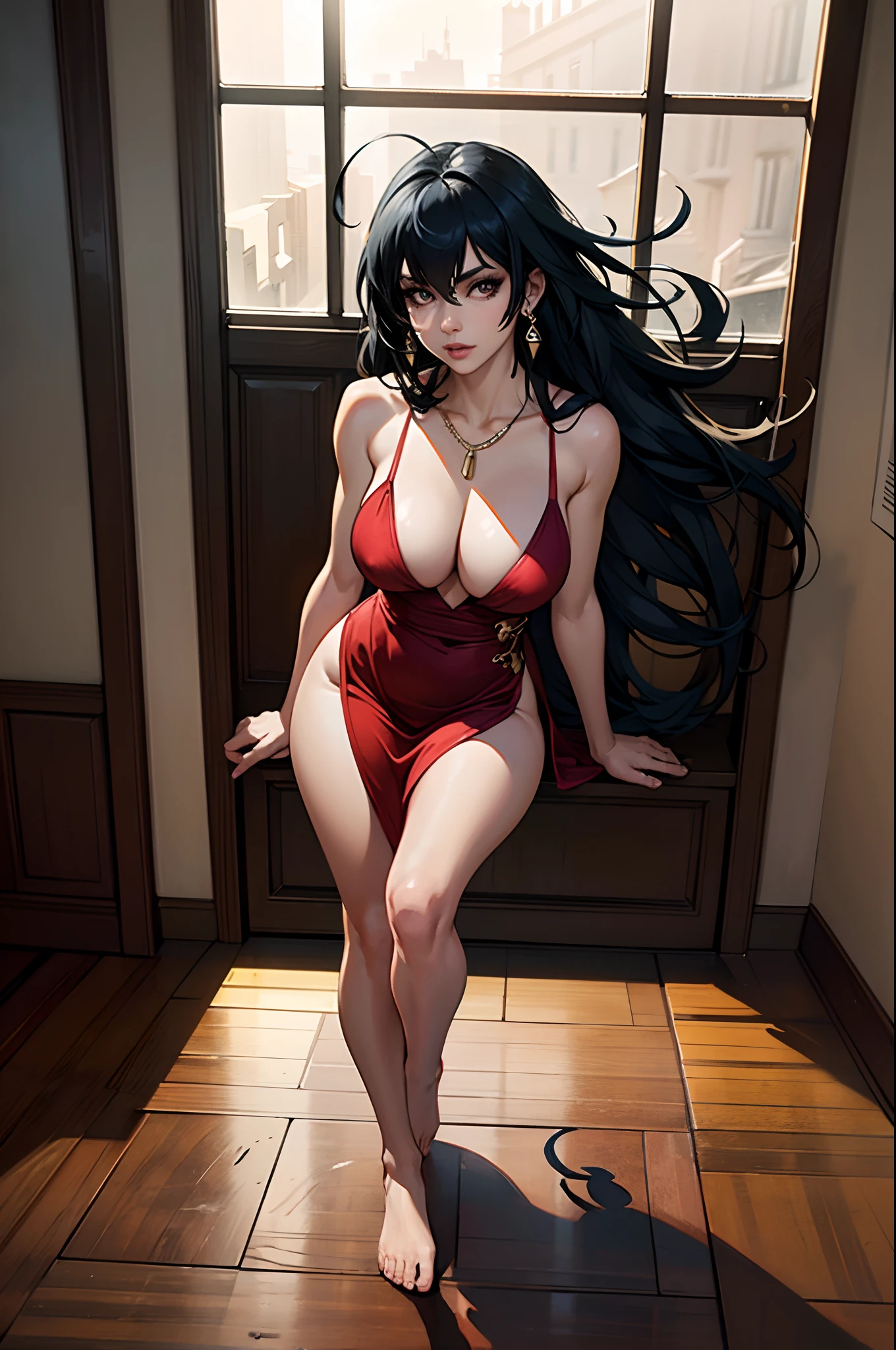 taihouforbid, mature woman sitting by the huge window in a corridor of a grandiose palace, wearing a short sexy and elegant red dress, while playing with a small white dog with her bare foot, older female, long black hair, hair accessory, earings, thin necklace, large breasts, cleavage, bare legs, shaped thighs, barefoot, red dress, short dress, elegant dress, by the window, palace, red carpet, corridor, morning light, sunlight, ethereal, looking at viewer, seductive anime girl, seductive look, sexy pose, full body, (full body shot:1.1), beautiful detailed eyes, beautiful detailed girl, curvy:1.1, dynamic pose, fashion clothing with diverse colors, perfect eyes, perfect face, perfect retina, perfect hands, perfect fingers, perfect feet, perfect toes, ultra detail face, ultra detail hair, very detailed eyes and face, ambient occlusion, cinematic lighting, field of view, fluid motion, harmony, interconnected elements, movie lighting, photorealistic lighting, realistic shadows, (vibrant colors:1.05), vivid lighting, warm and cool color palette, amazing, solo, trending on artstation pixiv, 8k wallpaper, best quality, CG, detailed painting, fine detail, (High Quality:1.4), high resolution, huge file size, illustration, Intricate Details, masterpiece, (photorealistic:1.4), professional artwork, (raw photo:1.2), reflective art, sharp focus, super detailed, unified, very detailed, extremely detailed artgerm, (nsfw) Not Safe For Work,