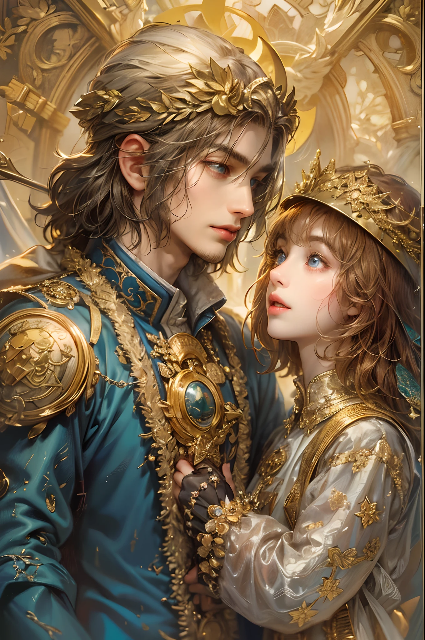 (absurdres, highres, ultra detailed, HDR), masterpiece, best quality, movie golden compass character, handsome young hero wearing detailed headgear, detailed face, big anime eyes, handsome face, boy talking to the Villain a girl,detailed character, detailed scenery, art kenouji