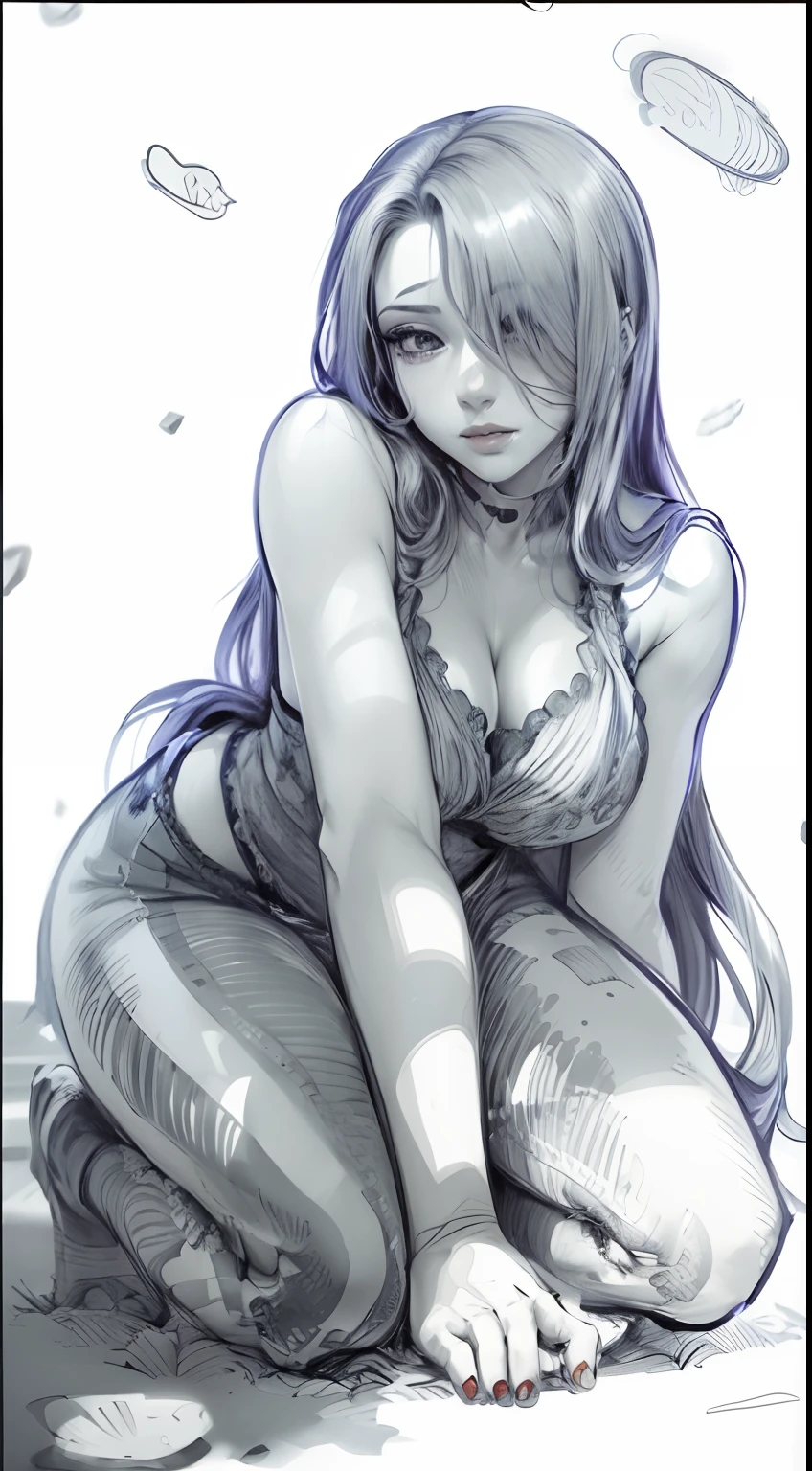 a drawing of a woman sitting on the ground, beautiful portrait of a girl, lowres, beautiful anime girl squatting, seductive anime girl, anime shading), anime woman fullbody art, long black hair, flowing hair, hair over one eye, beautiful locks,