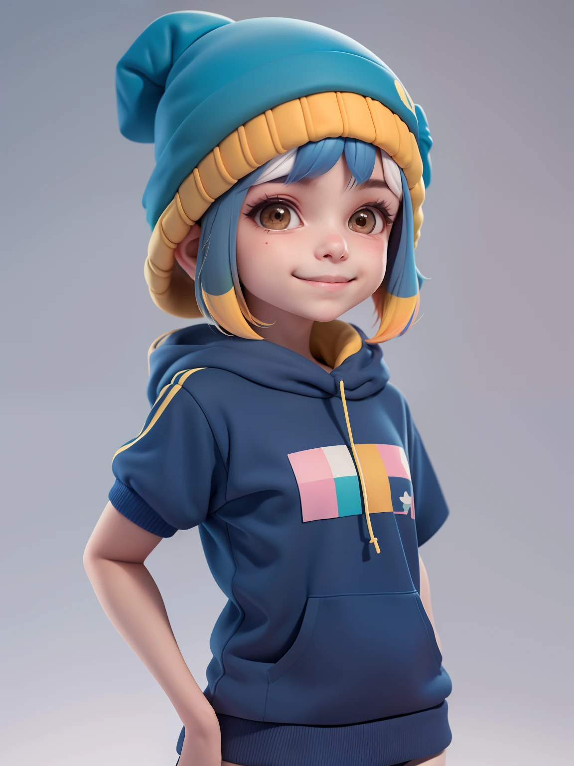 (obra-prima), (mejor calidad), (Ultra detallado), (cuerpo completo: 1.2) Adolescente, SUDADERA, Capucha, gorro, sonrisa clara, cuerpo completo, :3, Dyed and glued hair, Fondo de tono pastel , colorido y simple.