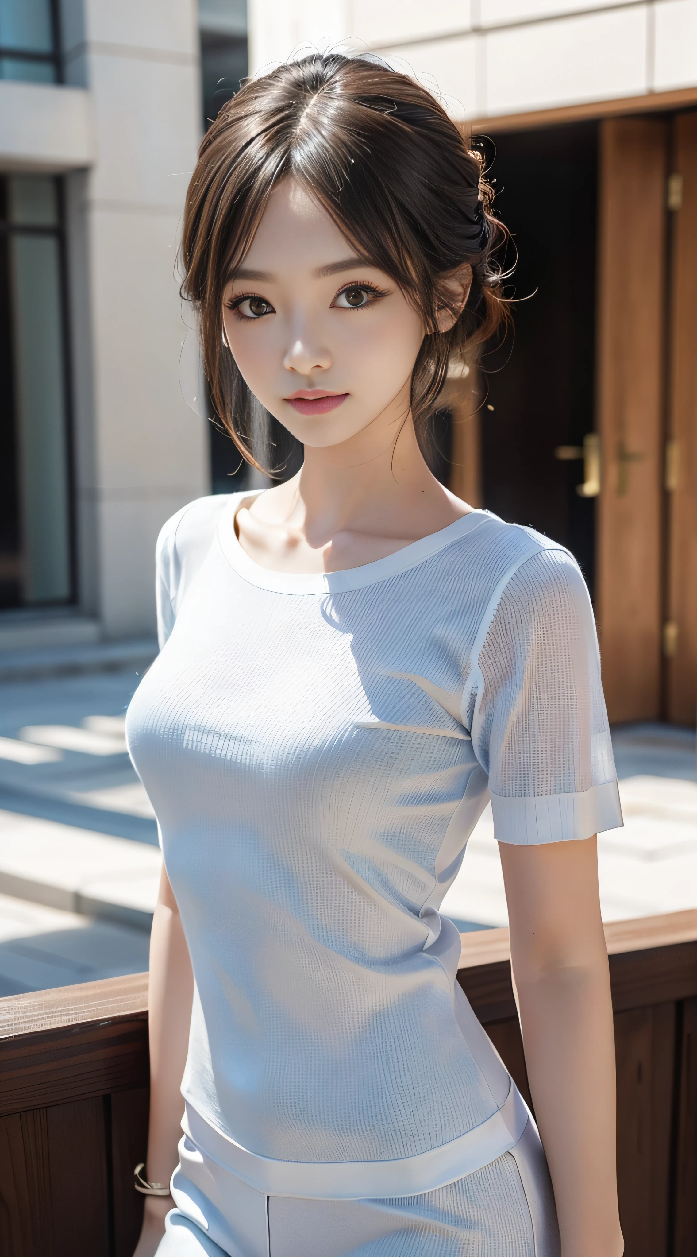 ​masterpiece、Top image quality:1.2、((beautiful young woman with))、Transparent skin:1.2、{A slight smil}、(kawaii)、Transparent short sleeve knit:1.2、luxury hotel、depth of fields、Sharp Focus:1.5、Fine details