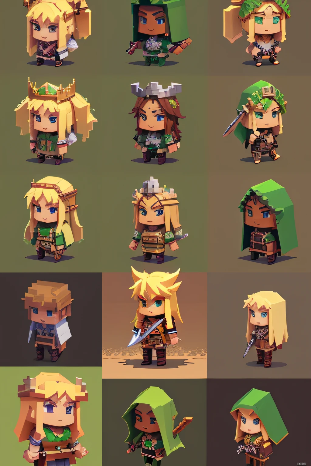 Pixel art close-up of man holding sword, geeen skin, Mago da Terra Feminino, brown tanned skin, epic mage girl character, voxelart, Female wizard, portrait of a forest mage, minecraft skin, wearing a crown and green cape, a blonde emerald warrior, minecraft lords, brown tanned skin, female mage!, rpg character avatar, voxels,Multiple concept designs,concept design sheet