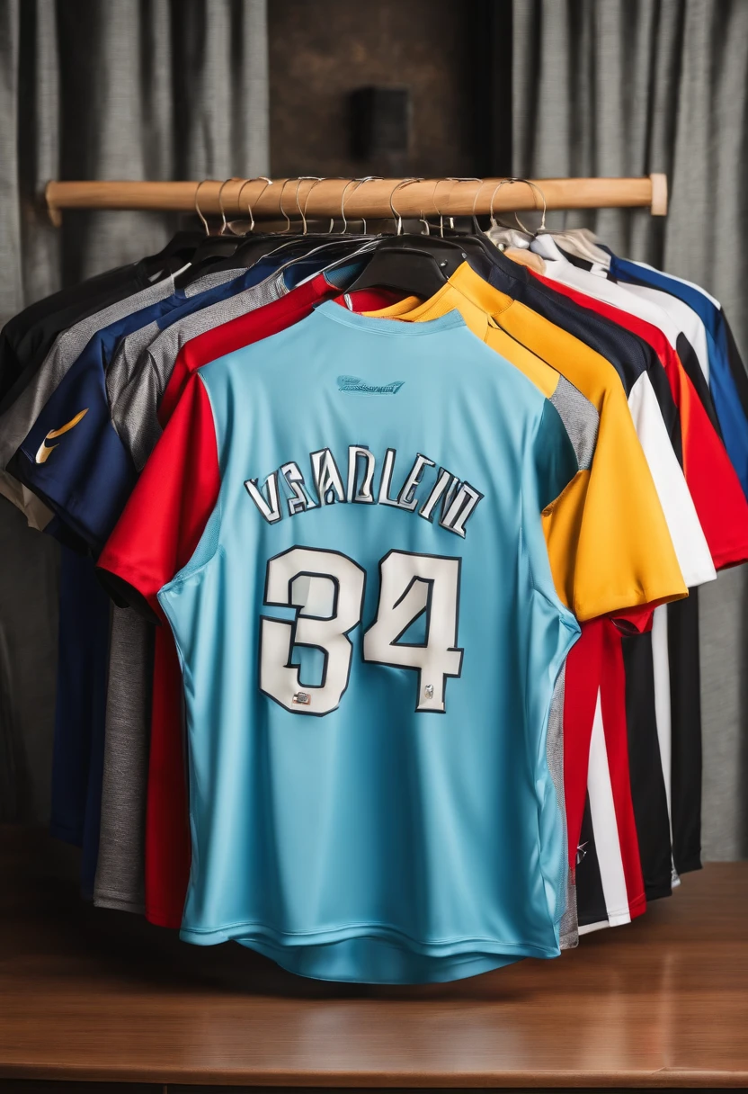 Background shop printed sports shirts. There are pictures of sports shoes and jerseys