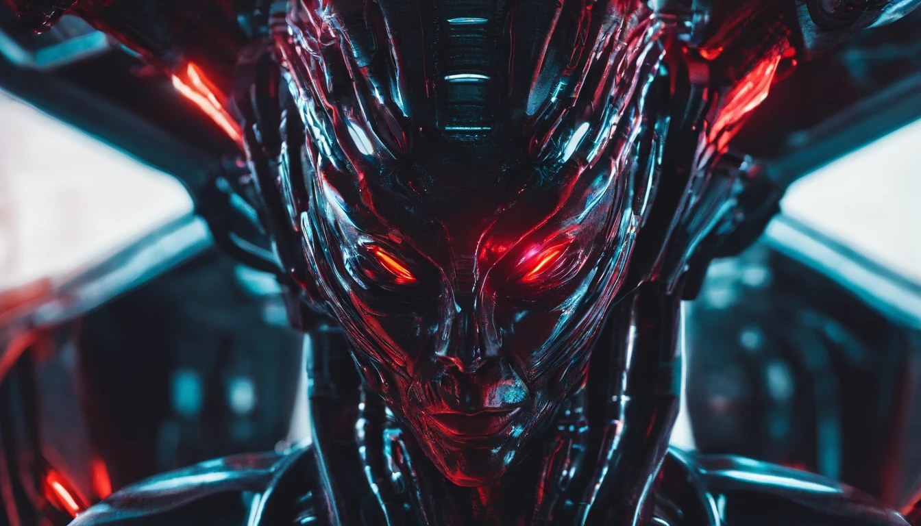 close up of an alien humanoid with red glowing eyes, ultra detailed face, red and black colors, red as dominant color, red neons, red lights, horror sci fi, ultra detailed, ultra realistic.
