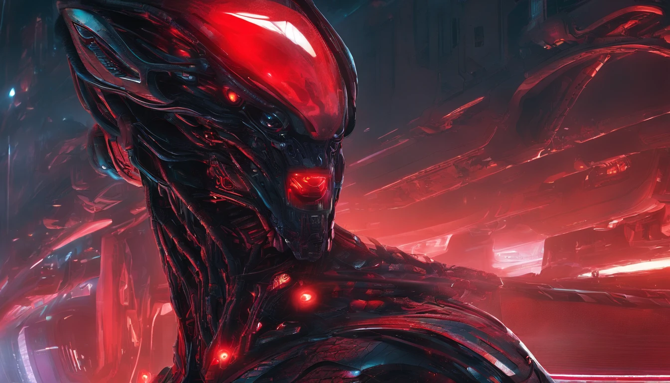 close up of an alien humanoid with red glowing eyes, ultra detailed face, red and black colors, red as dominant color, red neons, red lights, horror sci fi, ultra detailed, ultra realistic.