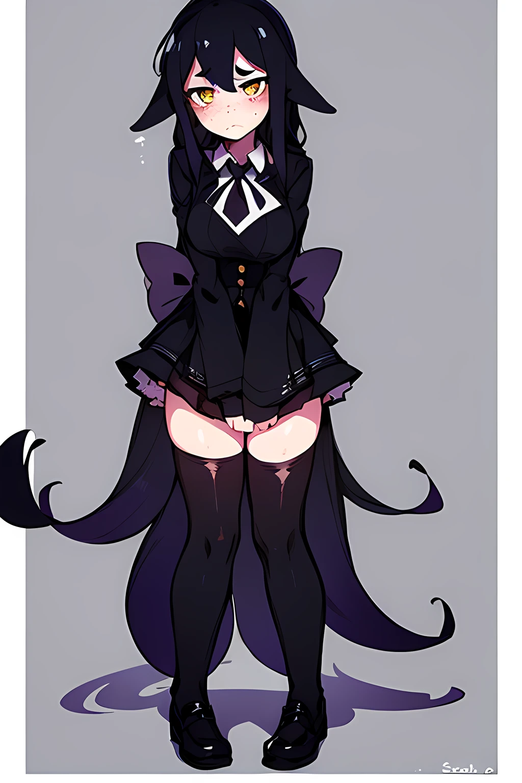 1girl, black tentacle hair, yellow eyes, goth school, goth clothes, freckles, tired look, shortstack