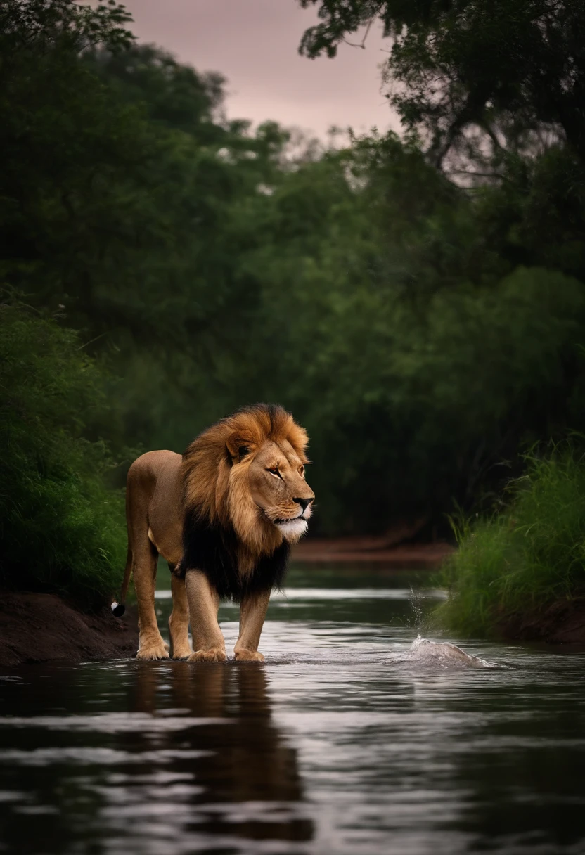 Lion drinking water in a river in the rain at night