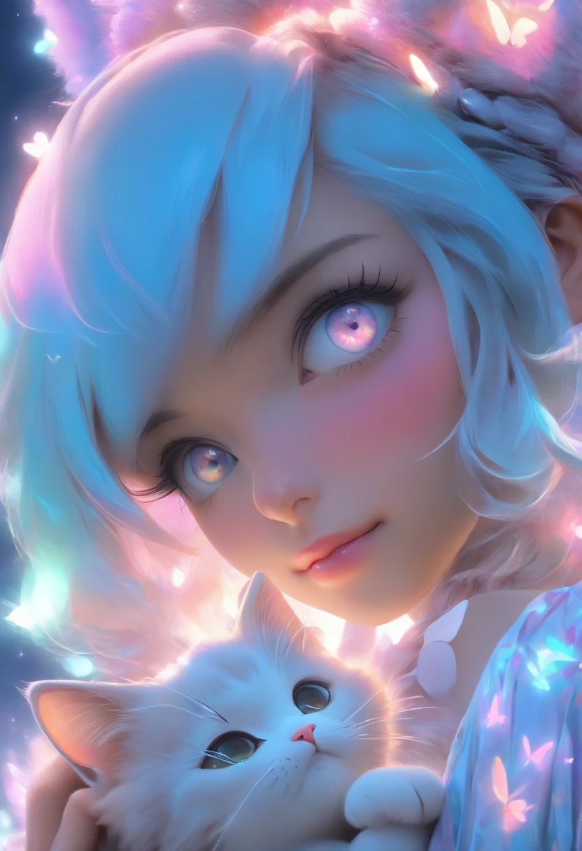 detail, Realism, 4K, Beautuful Women, facial detailing, Brown-eyed big eyes, Plump lips, Upturned nose, Purple hair and gray hair, Wearing a light blue dress, Cat in his hands, Blue moonlight background, White butterfly in the foreground, Realistic shooting, depth of fields, Soft front light, Glow, nffsw ,(zoomout:1.8),medium shot,(PastelColors: 1.2), Canon RF 100mm f2.8L 宏 IS USM