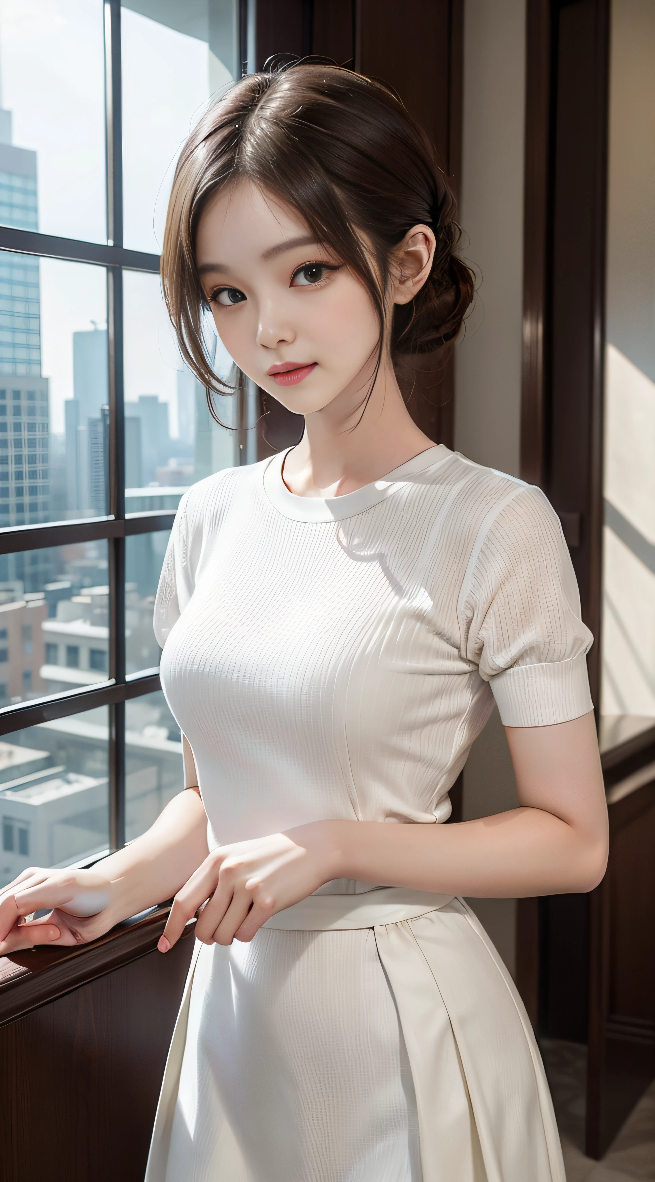 masterpiece、Top image quality:1.2、((beautiful young woman with))、Transparent skin:1.2、{A slight smil}、(kawaii)、Transparent short sleeve knit:1.2、luxury hotel、depth of fields、Sharp Focus:1.5、Fine details