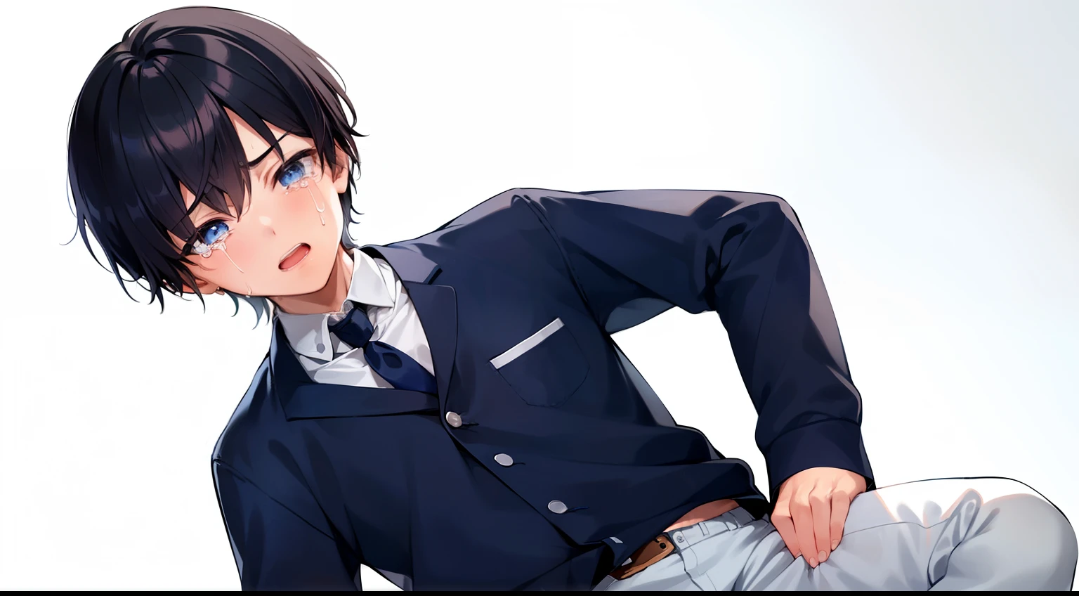 #composition (Low angle,worms-eye-view,There was a boy.), #person (A -yeld bomall but cute boy、Bullish personality、honor student、Good impression、Boy's hand、Knees、The thighs of a 14 year obreasts Thin waist,Sweaty), #Boy facial (blue color eyes,Crying), #Boy's hair (His hair is jet black. He has short, Straight hair,Hairstyle is natural and neat,M-shaped bangs.), #boy cloth (His upper body,He was wearing a pair of white shorts.), #Boy's background (Blue background,White sheets), #Boy's pose (He sat flat,A hand stroked his waist,wide open thighs,Postural instability), #Boy's emotions (Bitter face,Crying,streaming tears)