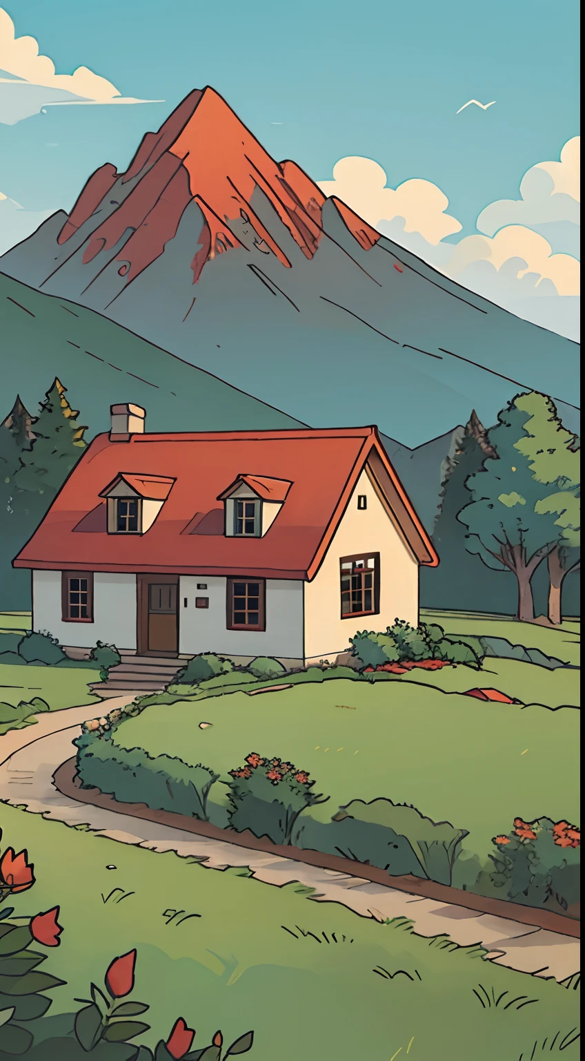 Mountain and sky scene,natural scenery,House with a red roof,