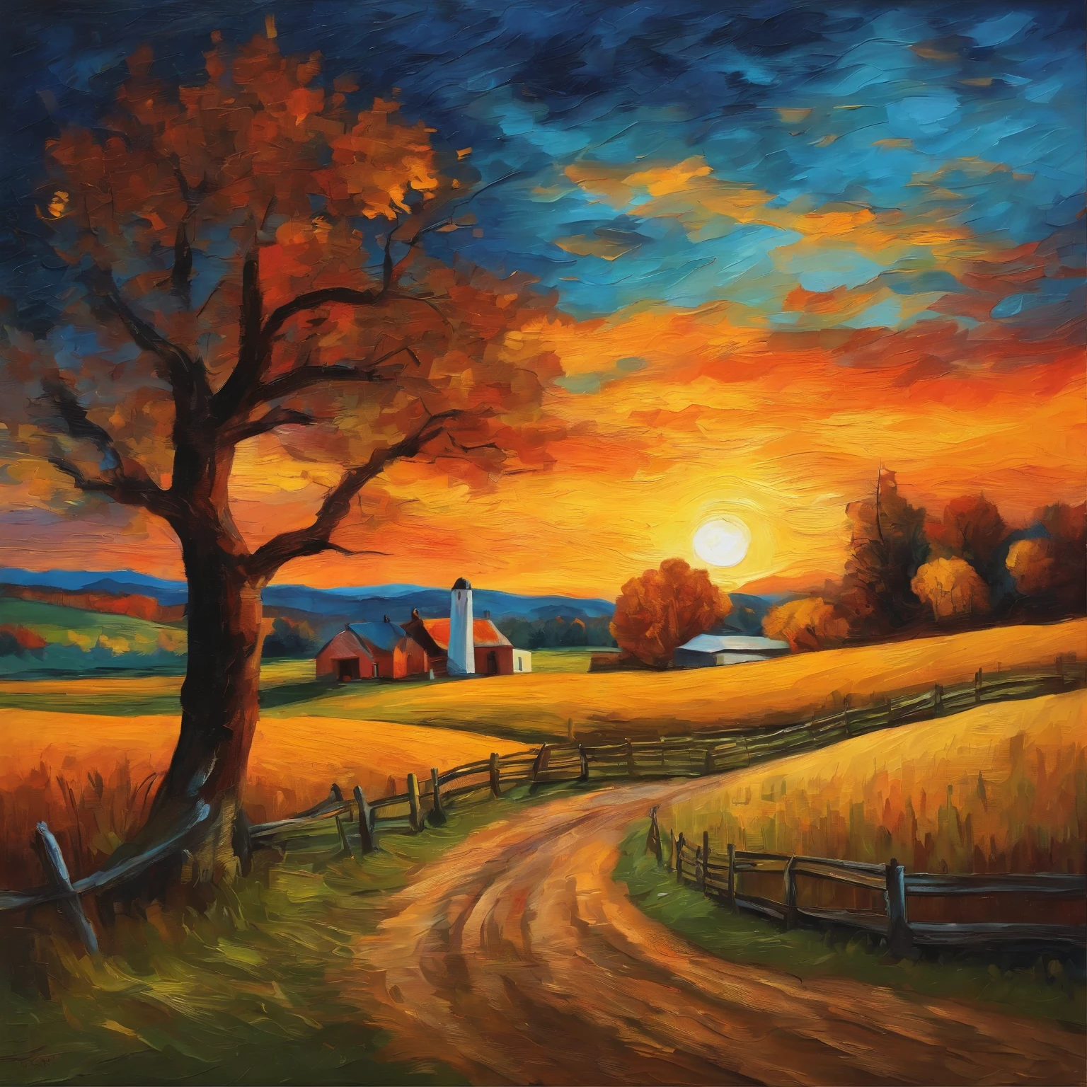 Landscape of a farm with animals at sunset with van Gogh brushstrokes