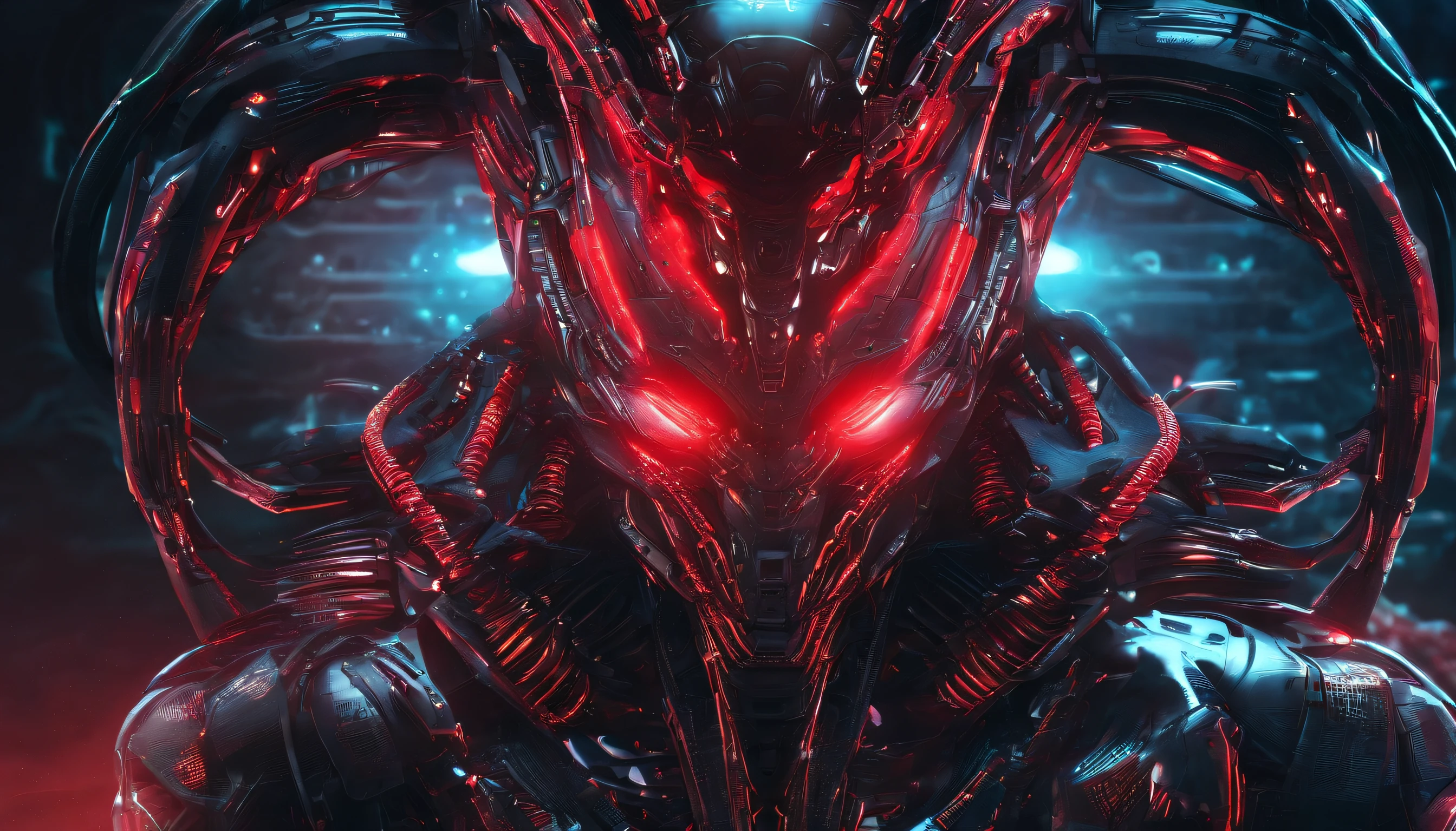 close up of an alien humanoid with red glowing eyes, ultra detailed face, red and black colors, red as dominant color, red neons, red lights, horror sci fi, ultra detailed, ultra realistic.