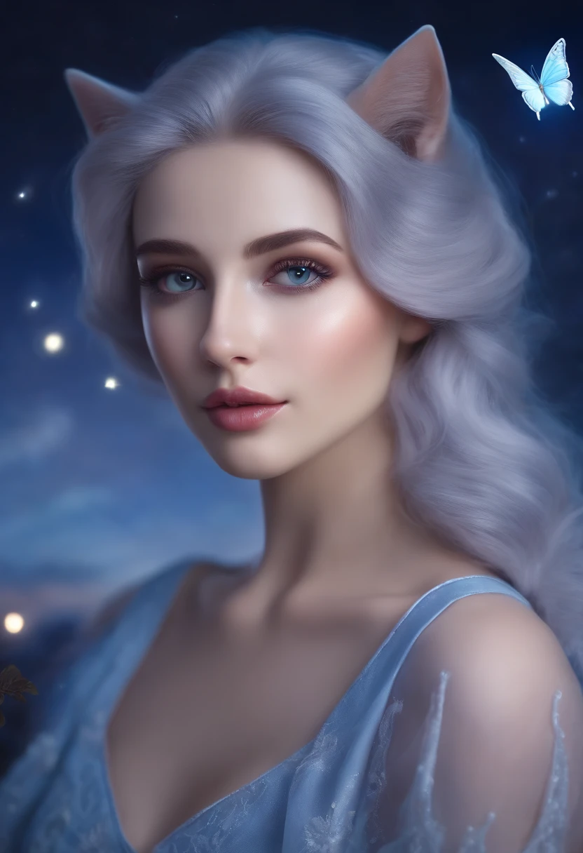 detail, Realism, 4K, Beautuful Women, facial detailing, big eyes with brown eyes, Plump lips, Upturned nose, Purple hair and gray hair, Wearing a light blue dress, Cat in his hands, Blue moonlight background, White butterfly in the foreground, Realistic shooting, depth of fields, Soft front light, Glow, nffsw ,(zoomout:1.8),medium shot,(PastelColors: 1.2), Canon RF 100mm f2.8L 宏 IS USM