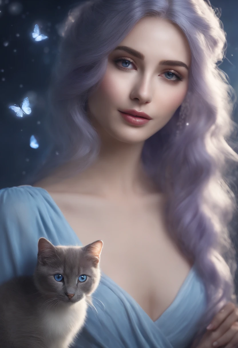 detail, Realism, 4K, Beautuful Women, facial detailing, big eyes with brown eyes, Plump lips, Upturned nose, Purple hair and gray hair, Wearing a light blue dress, Cat in his hands, Blue moonlight background, White butterfly in the foreground, Realistic shooting, depth of fields, Soft front light, Glow, nffsw ，（zoomout：1.8），medium shot，(PastelColors: 1.2), Canon RF 100mm f2.8L 宏 IS USM