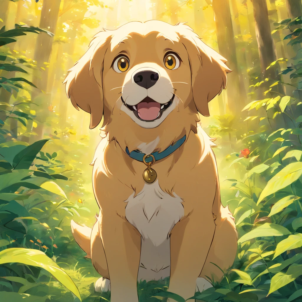 A golden retreiver looking into the camera with a look of surprise and confusion, Looking with his head turned sideways, num lindo jardim