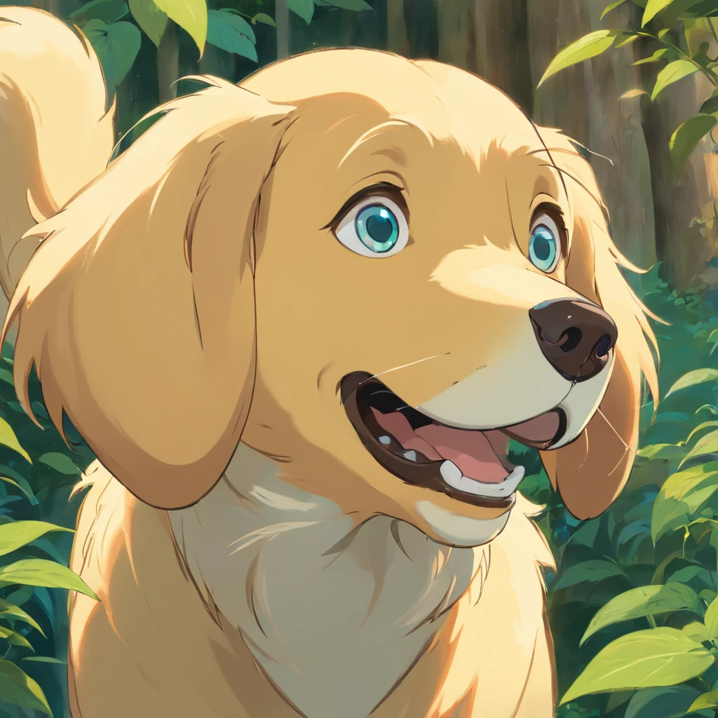 A golden retreiver looking into the camera with a look of surprise and confusion, Looking with his head turned sideways, num lindo jardim