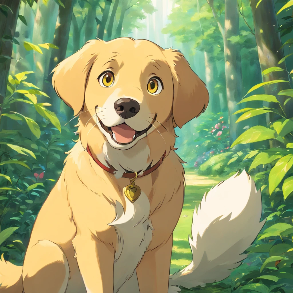 A golden retreiver looking into the camera with a look of surprise and confusion, Looking with his head turned sideways, num lindo jardim