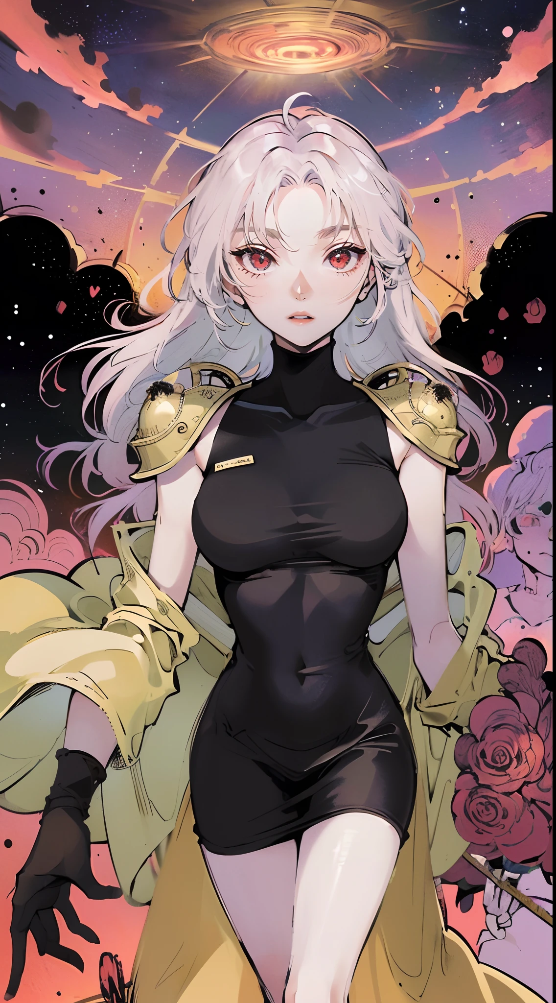 Comic storyboard,A creature taken from all men's dreams,female bodies, There is a bright halo on the head, Red eyes,Human Conquest Plan,In a space full of psychedelic patterns,轴对称,anatomy correct