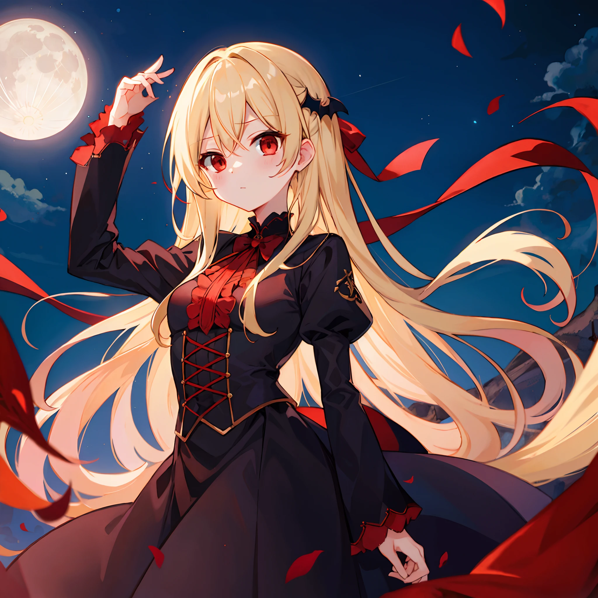 Wavy blonde、red eyes、One beautiful vampire girl、Black clothe、a moon、natta、Mare