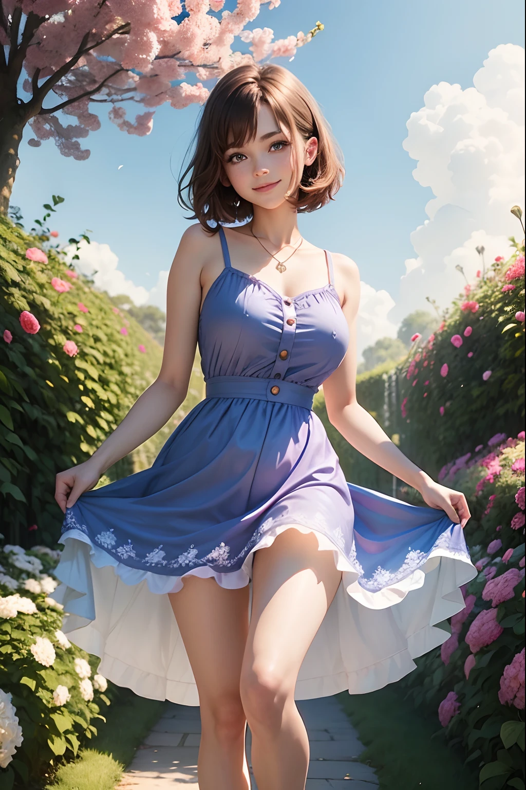 Full portrait photo from top to bottom of an 18 year old girl as pretty as in a fairy tale, wearing a modern, cool short dress, modern short brown hair, blue eyes, pink dress, smiling brightly , big breasts, slim waist, long white legs, standing in a garden full of flowers and grass