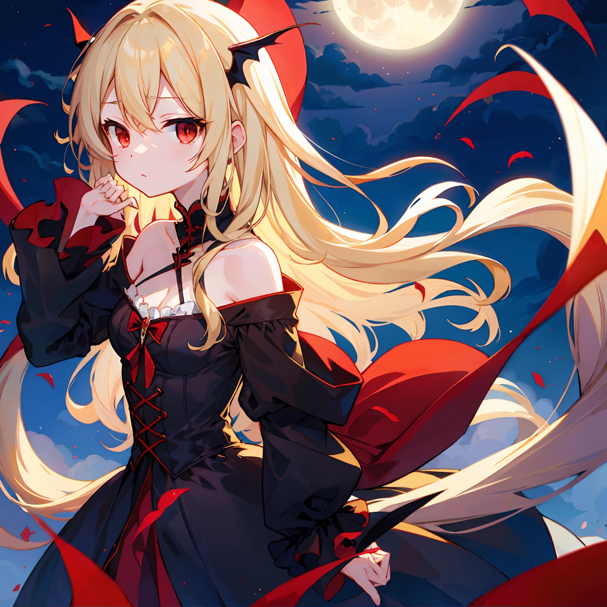 Wavy blonde、red eyes、One beautiful vampire girl、Black clothe、off shoulders、a moon、natta、Mare
